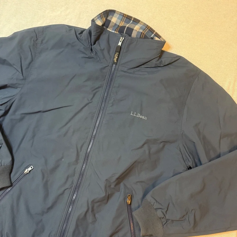 LL Bean Warm-Up Jacket Mens M Tall Blue Flannel Lined Bomber Full Zip 500396